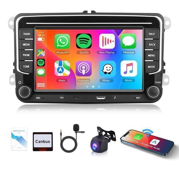 Autorradio Hikity 4G + 64G de 7 pulgadas con Android 15 para VW Golf 5, 6, Touran y Polo, con CarPlay inalámbrico, Android Auto, GPS y cámara de visión trasera.