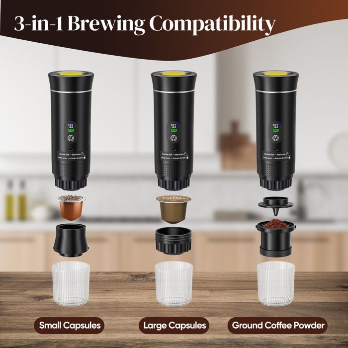 Macchina per caffè espresso portatile, 3 in 1 per capsule e caffè macinato con batteria, compatibile con cialde ESE e caffè macinato, nera