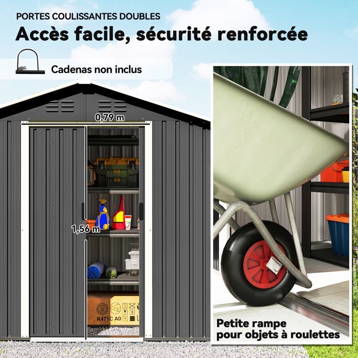 Abri de jardin en métal - cabane de jardin à outils en métal - 1,8 m² - 194 x 107 x 191 cm - portes coulissantes - gris foncé