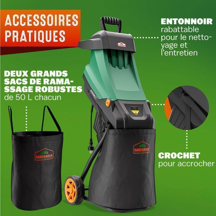 Gardebruk® 2400W Electric Garden Shredder with 2 x 50L Bags for Branches, Shrubs, and Green Waste up to 45mm