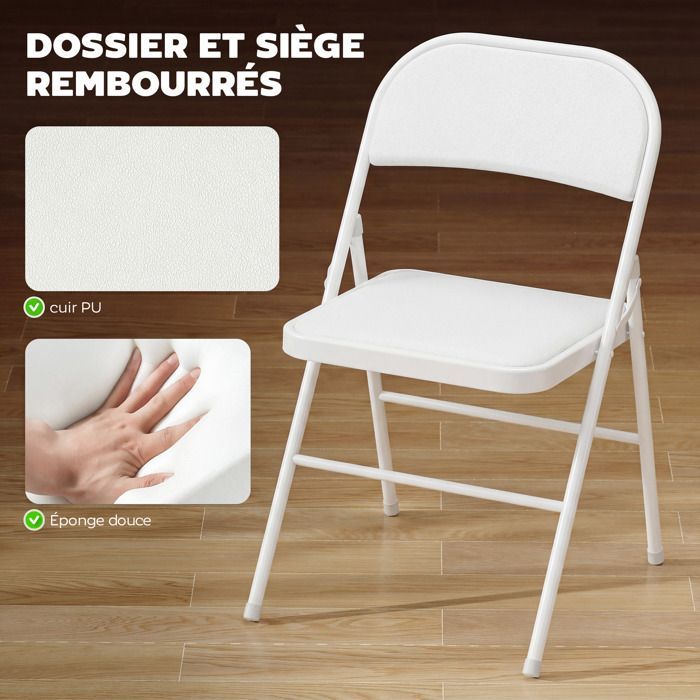 Lot de 6 chaises - HOMCOM - pliantes portables - avec coussin en revêtement synthétique et cadre en acier - blanc