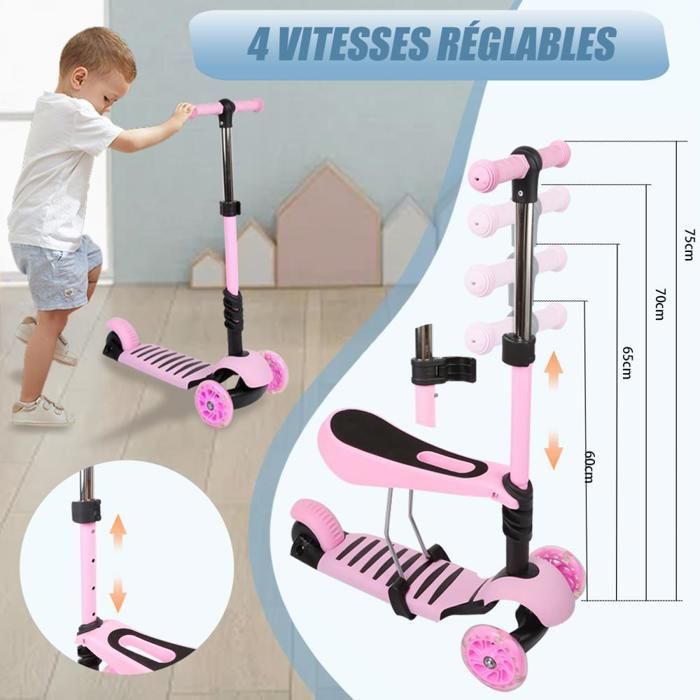 XJING 3-wheel scooter for children, height adjustable, foldable, LED wheels, Scooter - for ages 1 to 8 years (pink)