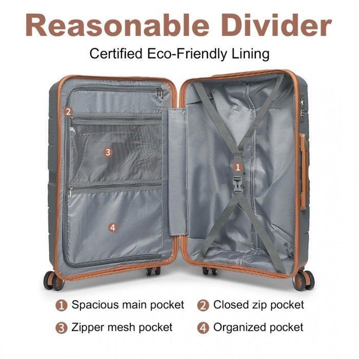 Grote koffer van British Traveller, 76x50x31 cm, harde schaal, geschikt voor inchecken, gemaakt van polypropyleen, met 4 wielen en TSA-slot, grijs.