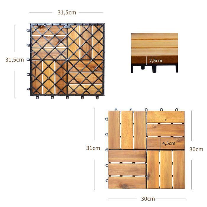 Sett med 27 COSTWAY 30 x 30 cm sammenlåsende terrassefliser i akasietre, foroljet med plastmatte – 12 lameller