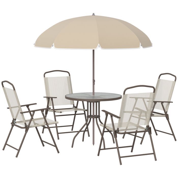 Outsunny garden furniture set - 6 pieces, round table, 4 folding chairs, parasol - steel - beige