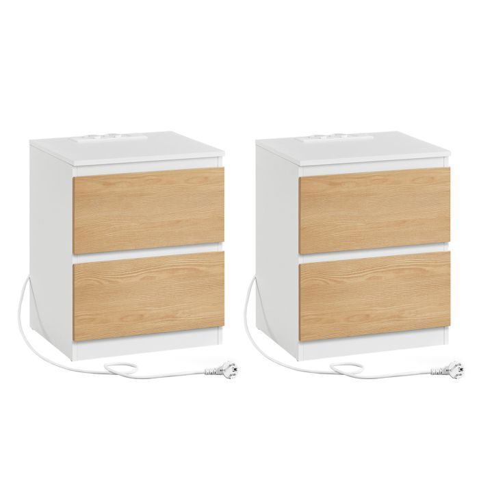 VASAGLE 2er-Set Nachttische mit Steckdosenleisten, Beistelltischen, 2 Schubladen, 2 Steckdosen, 2 USB-A-Anschlüssen, Modern, Mandelgelb