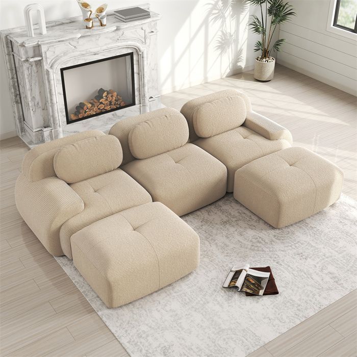 DRIPEX Canapé 3 places en forme de en U modulable - en Velours côtelé - avec 3 oreillers et 2 pouf - 298x178x75cm - Beige