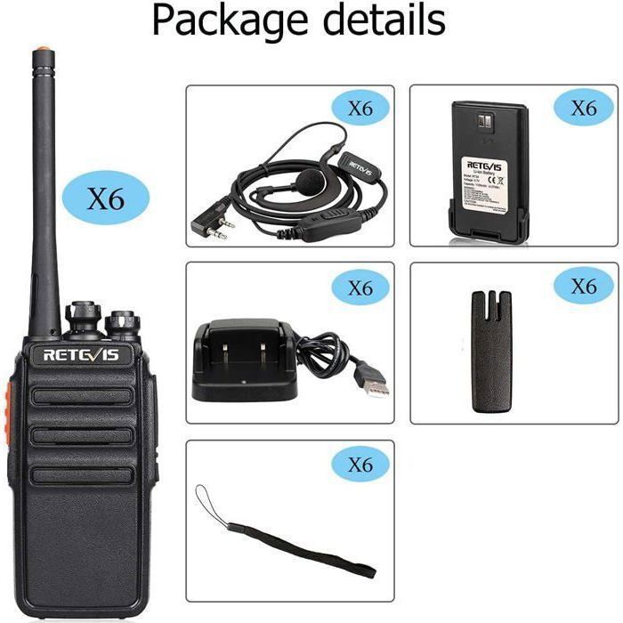 Walkie Talkie recargable Retevis RT24 PMR446, sin licencia, 16 canales, CTCSS/DCS, con base de carga USB y auriculares (6 unidades).