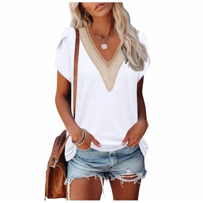 T-Shirt D'été à Manches Courtes pour Femme - Blanc - Col V et Élégant - Dentelle Ajourée Tee Shirt - Été Top Lâche Classique