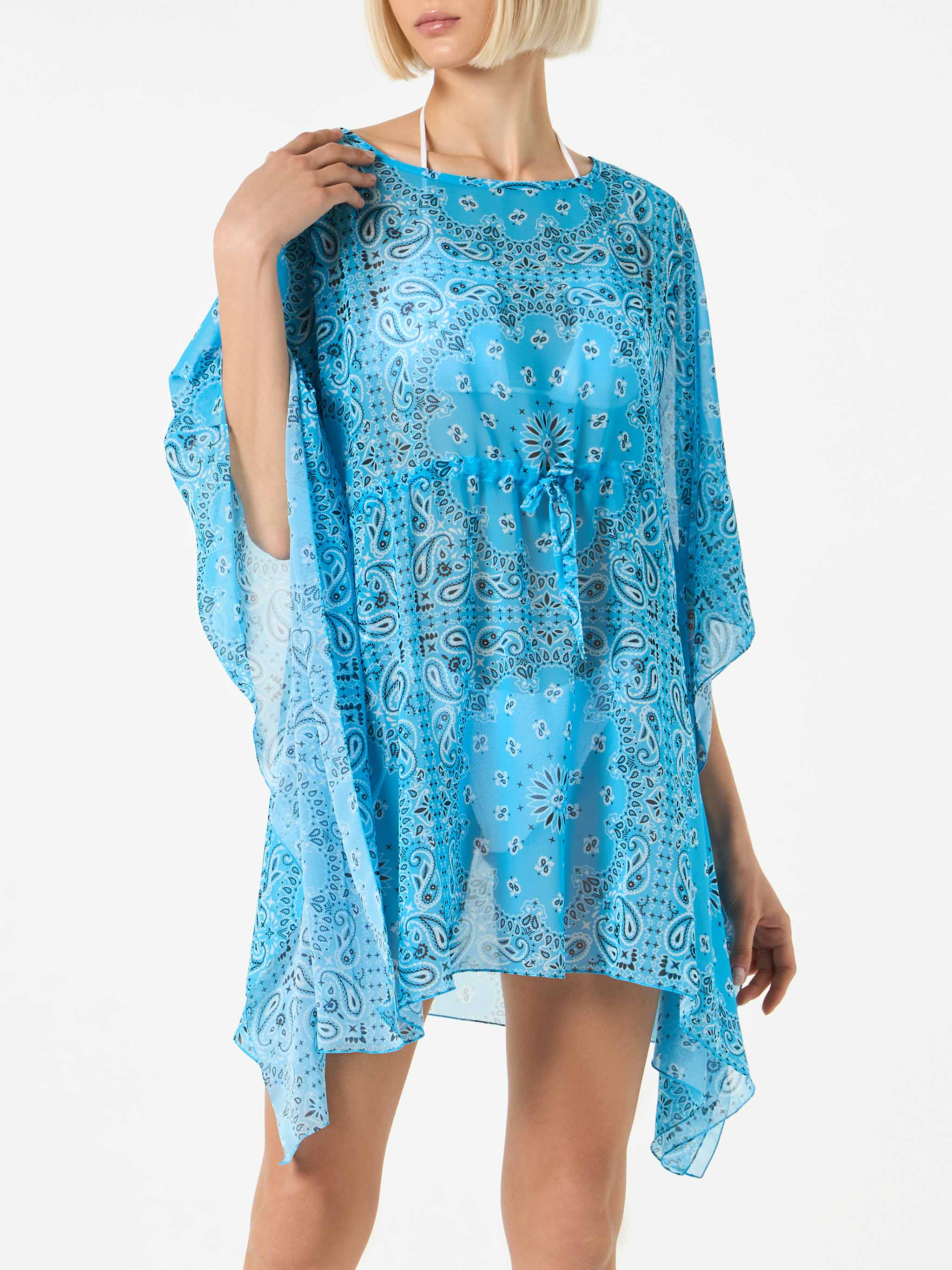 Printed Caftan with Turquoise Bandanna Print | Poncho Long Sleeves & Boat Neckline | One Size | 100% Polyester | MC2 Saint Barth