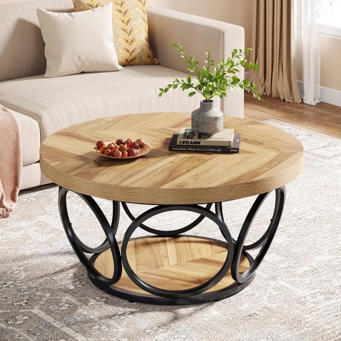 Tribesigns Table Basse Ronde, 80 x 80 x 43 cm Table de Salon, Table de canapé, Table Basse à 2 étages, Grain de Bois