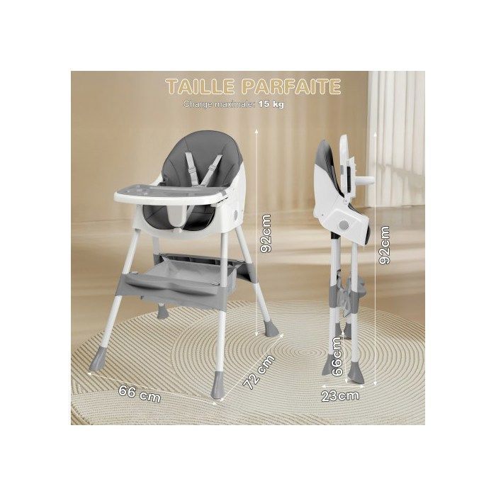 Baby High Chair - ALIGHTUP - Convertible high chair, reclining backrest, compact fold, adjustable, multi-functional - Grey