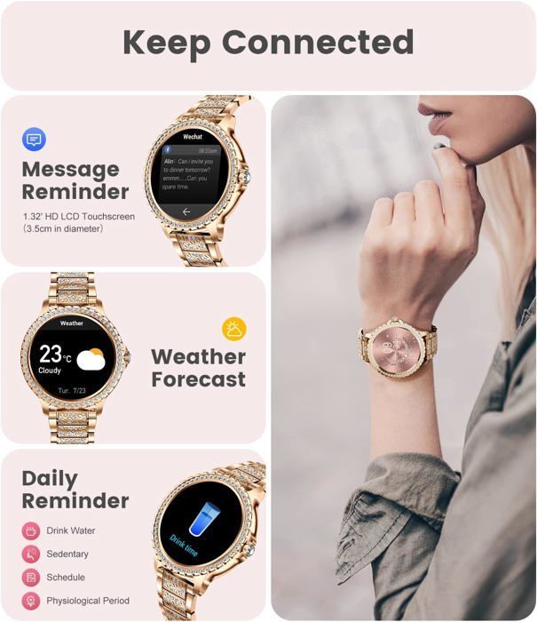 Smartwatch Bluetooth da donna con chiamate, compatibile con Android e iOS, tracker di attività sportiva e fitness, schermo HD da 1,32