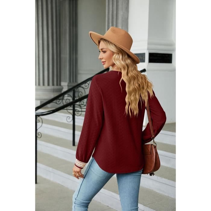 Pull Femme INSFITY - Manches Longues Col V - Couleur Contraste Bordeaux - Printemps et Automne