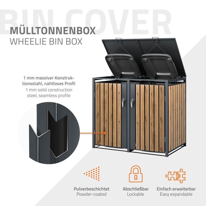 ML-Design Box 2x stalen containers, 2 ton, 240 liter, 132x80x116,3 cm, antraciet/eikenlook, weerbestendig, bekleding