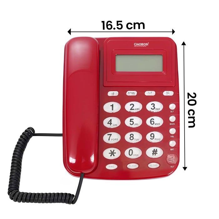 Telefono fisso multifunzione con filo, schermo LCD, richiamata automatica e sveglia (rosso)