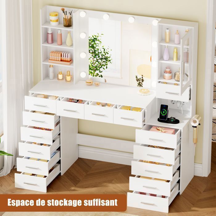 Coiffeuse Grande avec Miroir , LED Réglable, Prise et Port USB, 15 Tiroirs, 135X40X140cm，Blanc