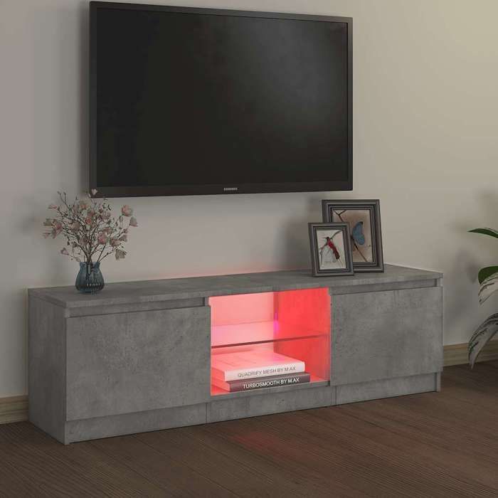 vidaXL Meuble TV avec éclairage LED, Gris béton, 120x30x36 cm, Panneaux de bois & verre trempé, Support TV jusqu’à 50