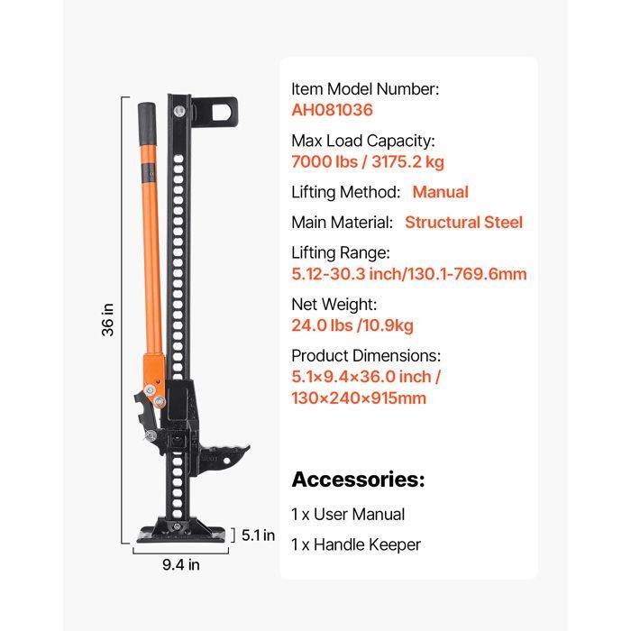 Gato todoterreno Duoku 4x4 - Capacidad de carga de 3,18 toneladas - Gato de trinquete de 91,5 cm - Rango de elevación de 13 a 77 cm