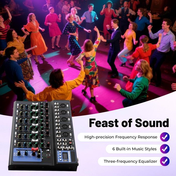Mezclador de audio profesional de 7 canales para directo con Bluetooth y USB para estudio.