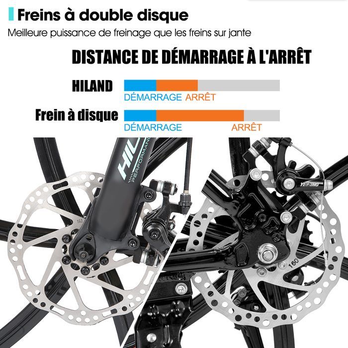 Hiland VTT adulte 26 pouces,18 vitesses,Freins à disque avant et arrière, 6 rayons,  cadre en aluminium, Déplacements urbains