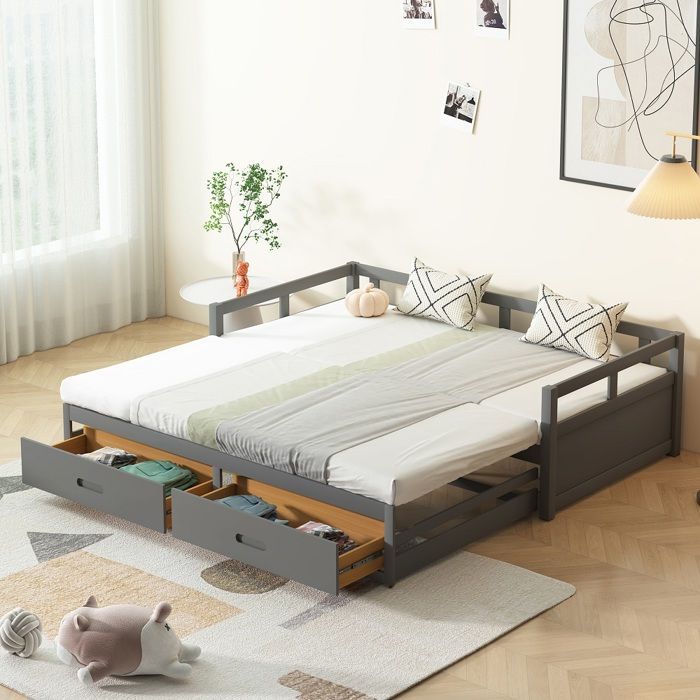 Lit adulte Canapé-lit convertible 90/180x200 cm avec tiroirs et sommiers à lattes gris