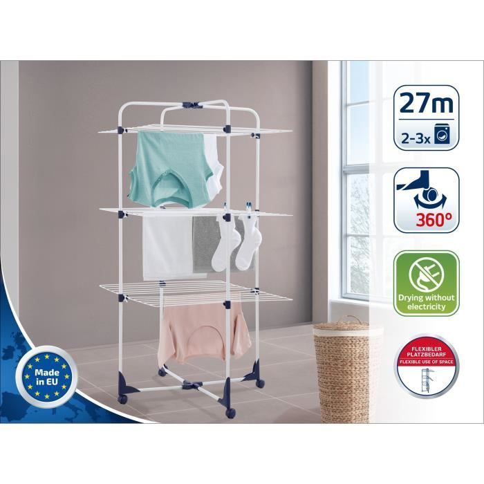 Séchoir à linge Leifheit 270 Classic 81454, étendoir à linge avec 27m d'étendage et cadres rabattables, tour à 3 niveaux, blanc