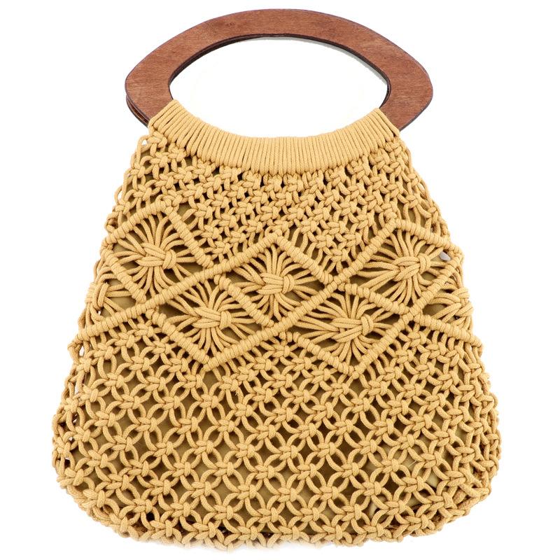 Sac à main portable en paille tressée de coton avec poignée en bois, fait main, style filet, idéal pour la plage.