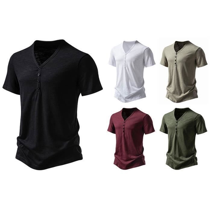 Men's Summer Henley T-Shirt, Regular Fit, Lightweight, V-Neck - INSFITY - Black