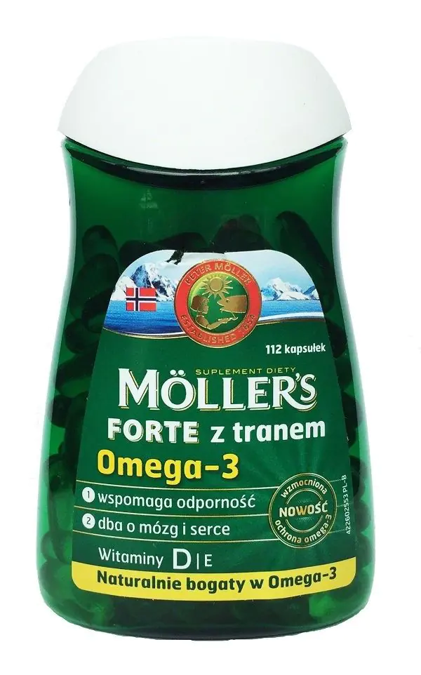 Mollers Forte z Tranem, Preparat zawierający kwasy omega-3 oraz witaminy E i D, Kapsułki