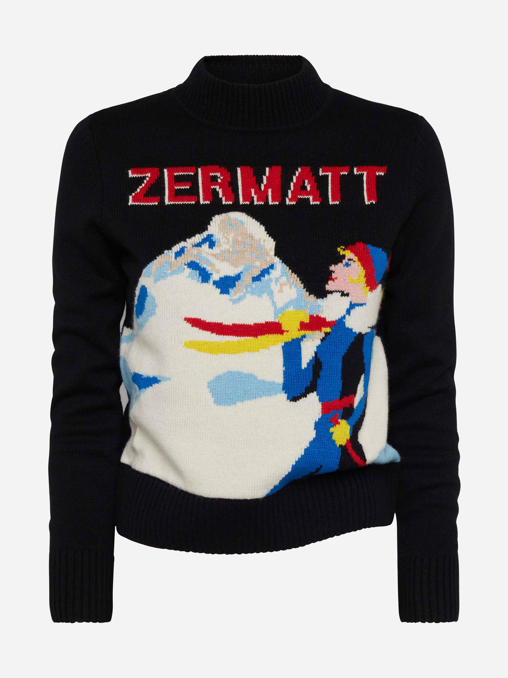 Nieuwe Queen trui met ronde hals en Zermatt ansichtkaartjacquard