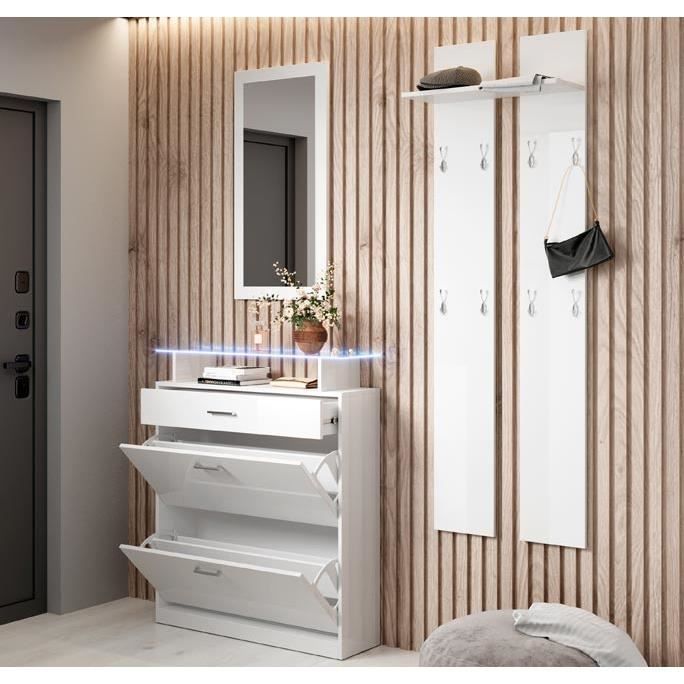 Eingangsbereichmöbel – DESIGNMÖBEL – Paola – Spiegel – Garderobenständer – Hochglanzweißer Schuhschrank