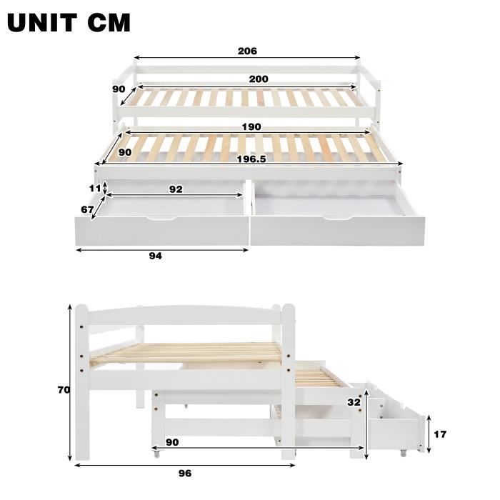 Letto estraibile per bambini con contenitore, 2 posti - Con 2 cassetti - Struttura in legno massello - Bianco