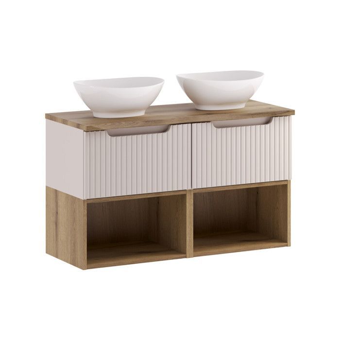 Mobile bagno sospeso NOVA da 100 cm con doppio lavabo, finitura cashmere, lavabo effetto rovere e 2 cassetti.