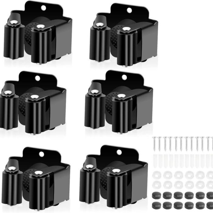 Juego de 6 soportes de pared de acero inoxidable negro para escobas y fregonas, con tornillos incluidos, para jardín y garaje.