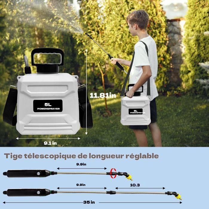 Spruzzatore elettrico da giardino da 5 V/2400 mAh, con serbatoio dell'acqua da 5 litri, erogatore retrattile con 3 ugelli regolabili.