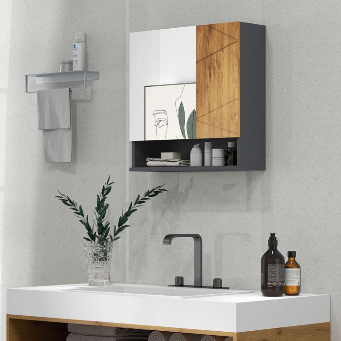 Armario de pared - Kleankin - Mueble de baño con espejo, 2 puertas y estantes ajustables - Madera - 55x17x55cm - Gris natural