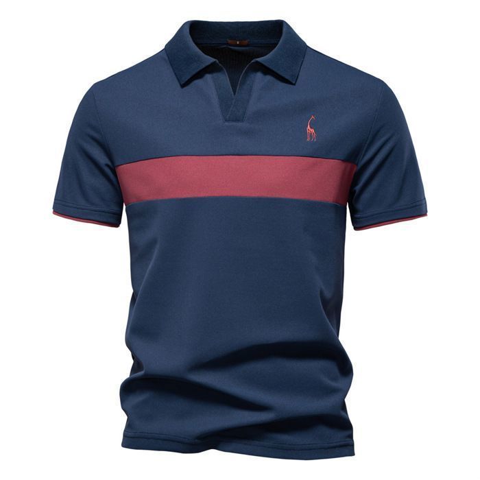 Men's Short Sleeve V-Neck Polo Shirt with Deer Embroidery, Casual Summer Regular Fit Contrast Color Polo Shirt - EU Size - Navy Blue