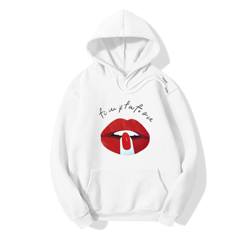 Sudadera con capucha de forro polar estilo moderno para mujer, con estampado de labios rojos, manga larga, holgada, estilo jersey, Hoodie2020