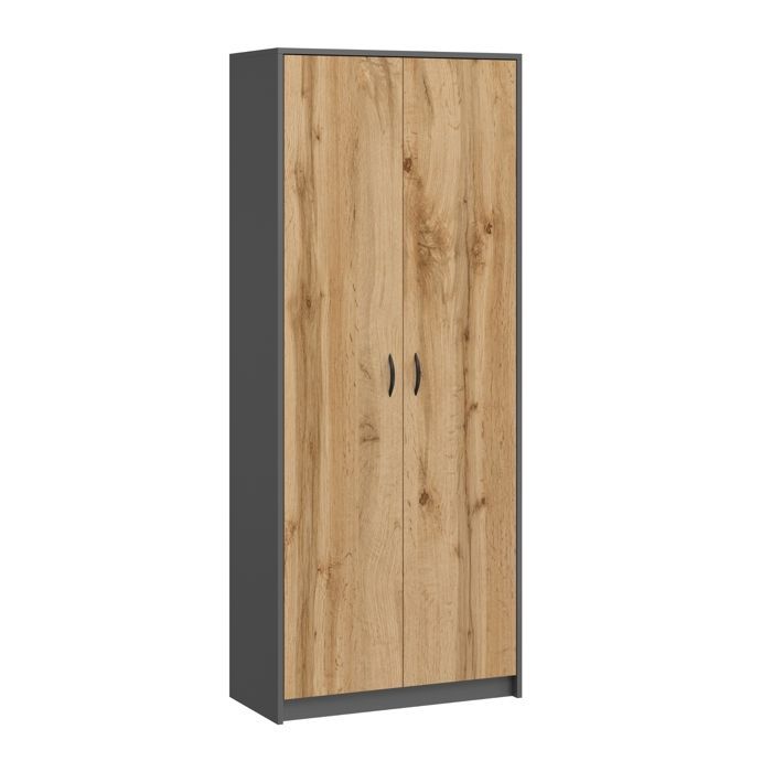 Armario de oficina de 2 puertas - Armario multiusos - 74x35x180cm - 6 estantes - Mueble de almacenamiento - Aspecto de madera + Gris