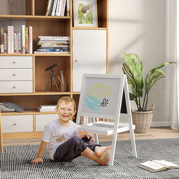Tableau chevalet - AIYAPLAY - enfant 2 en 1 ardoise magnétique et tableau noir à craie rangement - bois - blanc