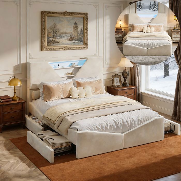 Cama de 140x190 cm - Base de láminas - Terciopelo blanco roto - Iluminación LED integrada - 4 cajones de almacenamiento