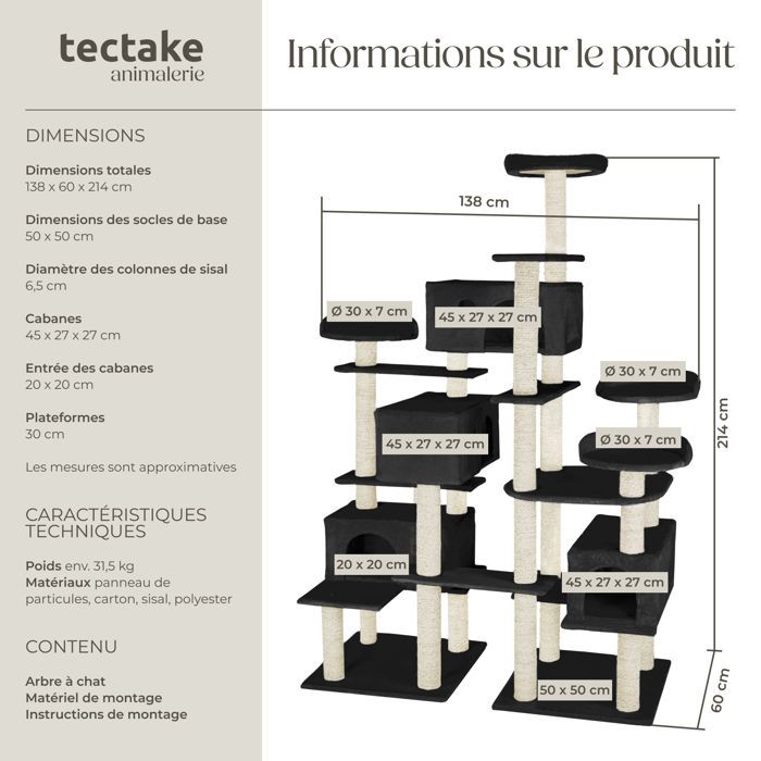 Arbre à chat - TECTAKE - Mobilier pour chat ENTISSAR avec griffoir et 4 cabanes 138 x 60 x 214 cm - Noir