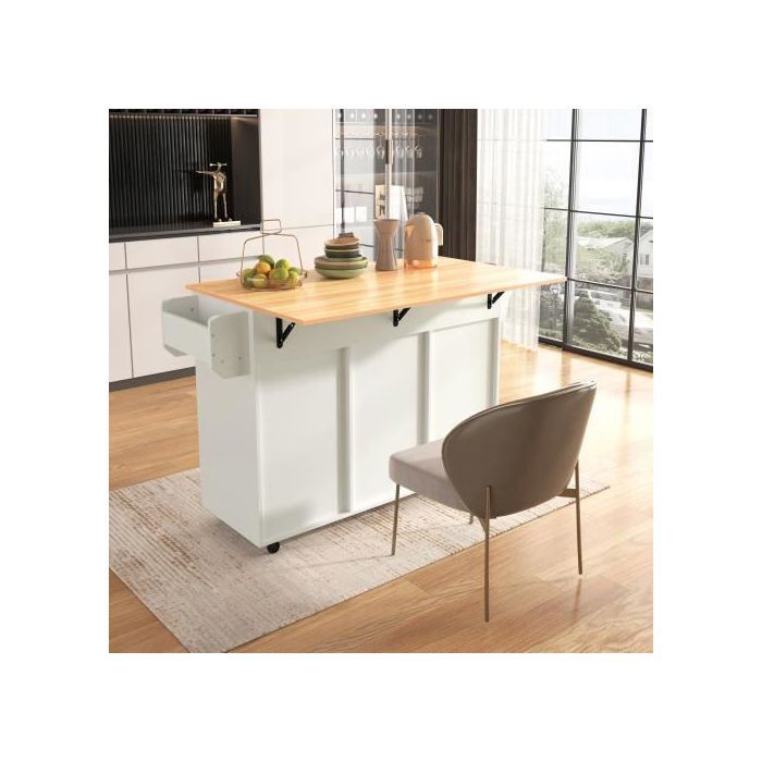 Multifunctional wooden kitchen trolley with worktop and drawer - W139 x D46(71) x H91.5 cm - White