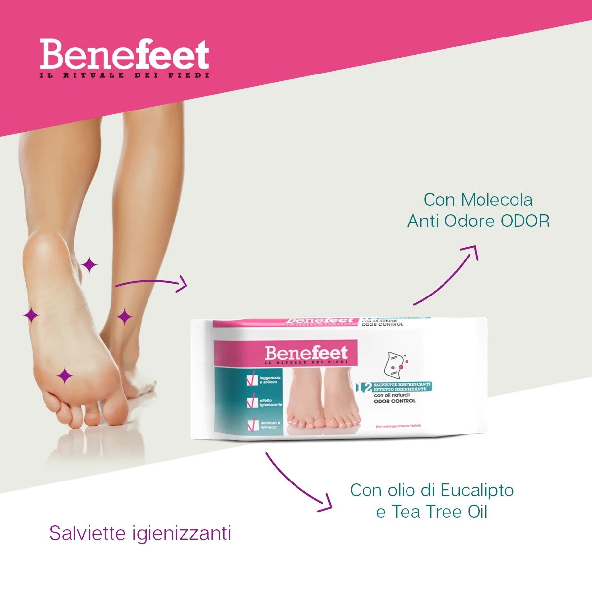 DIVA INTERNATIONAL Benefeet mitrās salvetes ar smakas kontroli, 12 gab. Atsvaidzinoša un dezinficējoša iedarbība