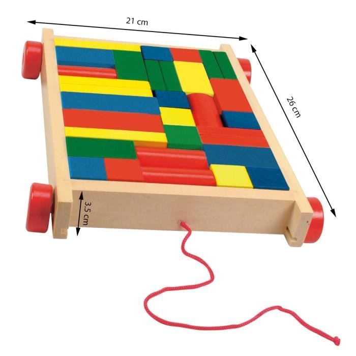Jeu de construction en bois - KART - Chariot à tirer - 34 pièces - Multicolore