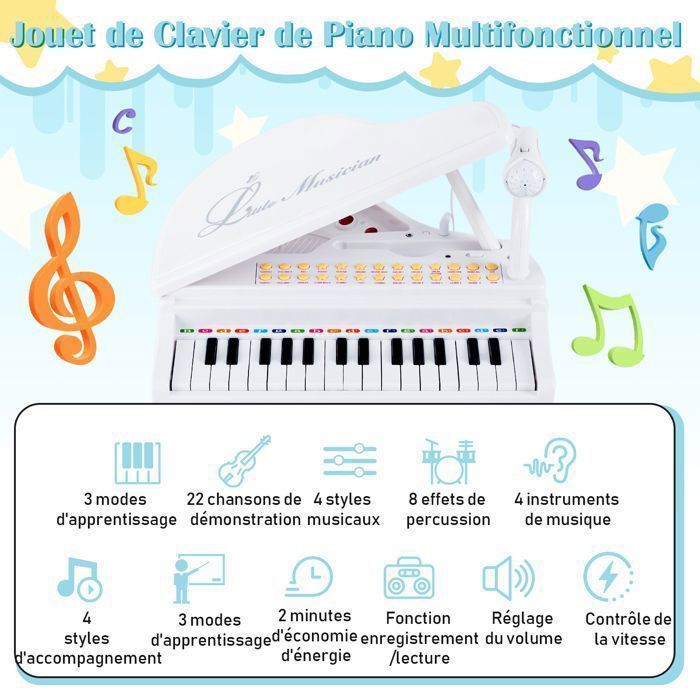 Piano infantil COSTWAY de 31 teclas con taburete, micrófono, 3 modos de enseñanza, luz LED, reproductor de MP3, 4 estilos musicales, 22 canciones, blanco.