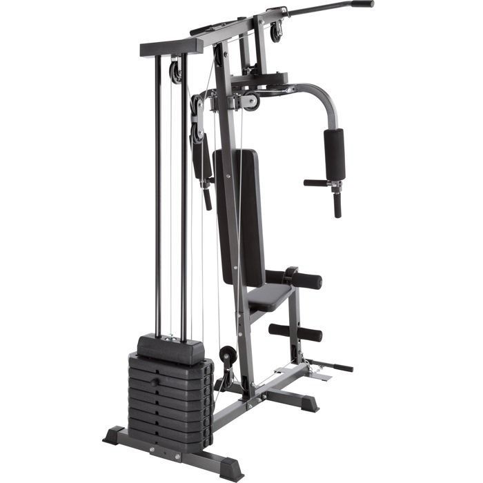 Estación de entrenamiento con pesas - TECTAKE - Estación de entrenamiento con pesas con banco, carga máxima 150 kg, 160 x 98 x 203 cm - Negro