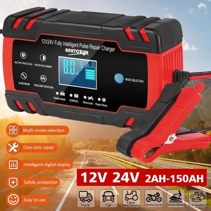 12V/24V 8A Smart Battery Charger with Automatic Repair Function, Portable with LCD Screen, for Car, Motorcycle, Truck