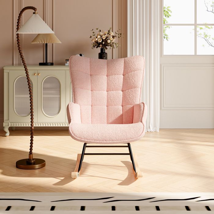 Sedia a dondolo imbottita, sedia a dondolo per allattamento, tessuto in velluto effetto orsetto, supporta fino a 120 kg, stile elegante, rosa